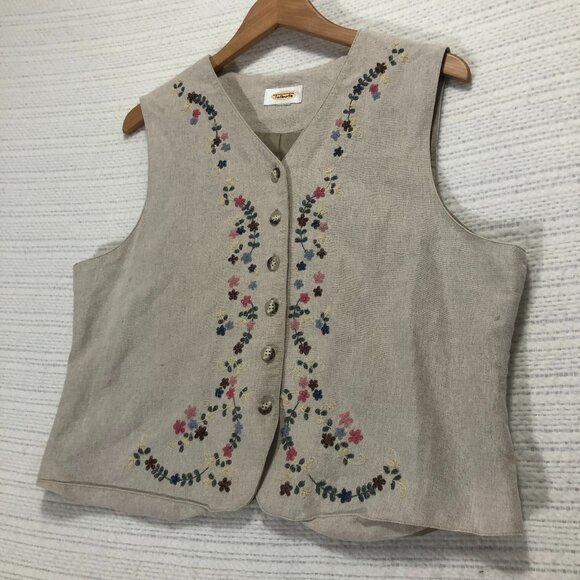 Talbots Women's Tan and Cream Gilet with Floral Embroidery Size Large - Picture 1 of 7